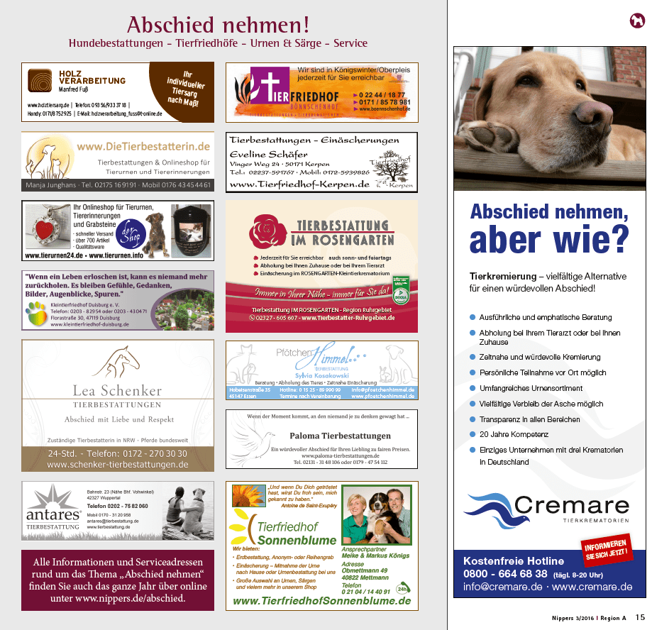 Hundebestattungen - Tierfriedhöfe - Urnen & Särge - Service. Für den Download der Anbieteradressen auf das Bild klicken.